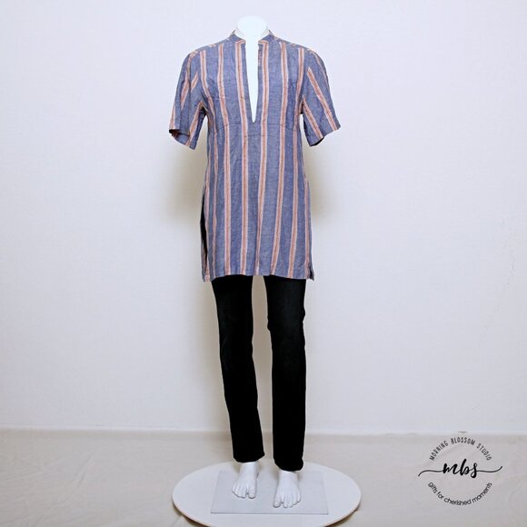 A.L.C. Striped V Neck Short Sleeve Linen Blend Long Tunic - Picture 2 of 9